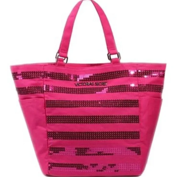 Victoria Secret Hot Pink Sequin Tote Canvas Striped Overnight Shoulder Bag New - Picture 9 of 14